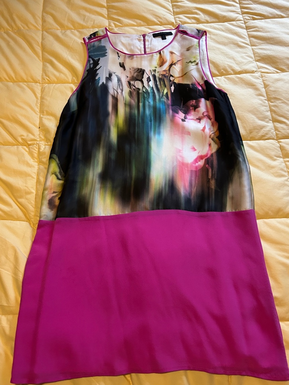 Aryn K Floral Watercolor Shift Dress in Fuchsia and Black
